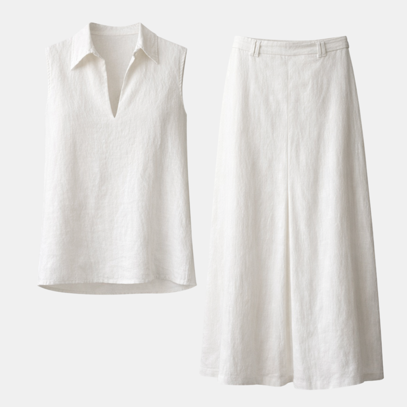 FJØRNA women's sleeveless linen co-ord set with a relaxed fit, featuring a matching top and pants for casual wear.
