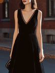 FJØRNA black velvet sleeveless mesh V-neck fit and flare midi dress for women, showcasing elegant design and stylish fit.