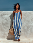FJØRNA striped women’s suspender jumpsuit with loose fit, wide-leg style, perfect for vacation, featuring vertical stripes and adjustable suspenders.