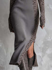 Leopard print patchwork ribbed knit midi dress by FJØRNA featuring long sleeves and a fitted silhouette.