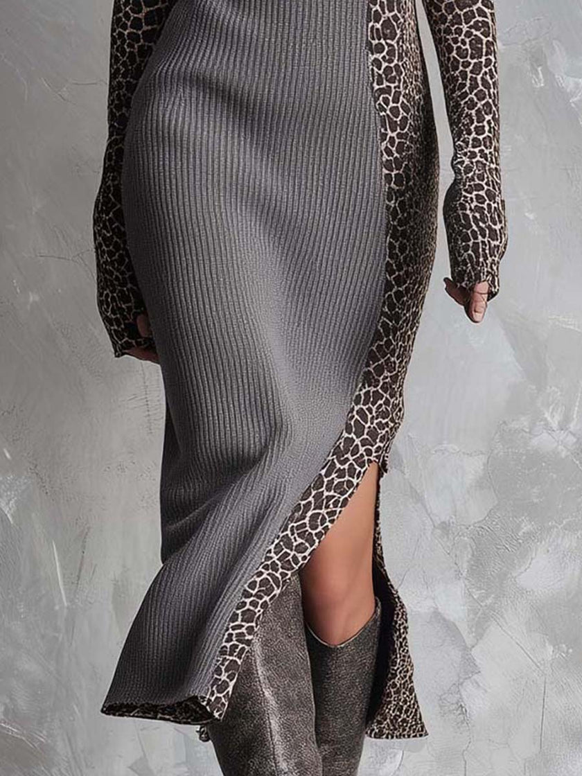Leopard print patchwork ribbed knit midi dress by FJØRNA featuring long sleeves and a fitted silhouette.