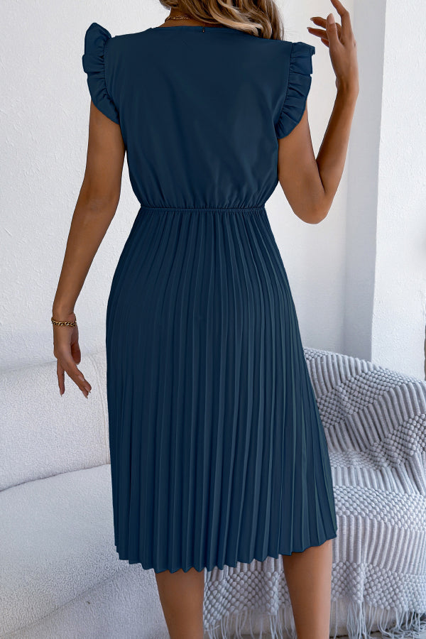 FJØRNA solid color V-neck sleeveless midi dress with lace trim, pleated design, casual style, perfect for warm weather.