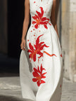 FJØRNA modern mandarin collar floral maxi dress with red lily print, featuring artistic design and elegant flowy fabric.