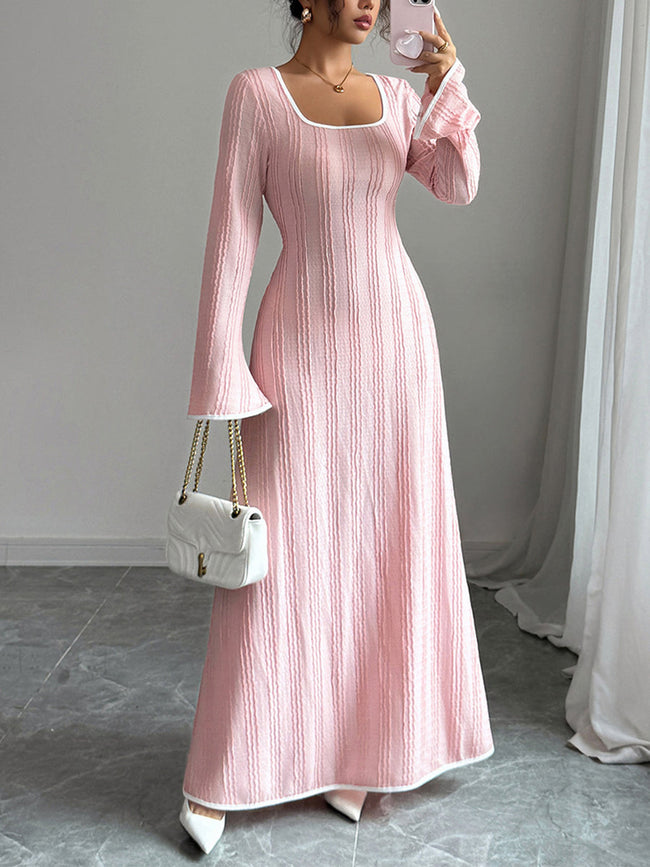 White FJØRNA A-line bodycon ribbed knit maxi dress with split joint and square neckline, featuring a fitted silhouette and elegant design.