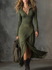 FJØRNA Bohemian washed cotton half-zip midi dress with hem slit, women's casual dress with relaxed fit and boho style.