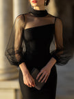 FJØRNA sheer-sleeve high-neck cocktail dress for women, elegant black dress with sheer sleeves and high neckline, perfect for evening events.