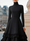 FJØRNA high-neck A-line tiered ruffle midi dress with layered fabric and elegant design, perfect for stylish occasions.