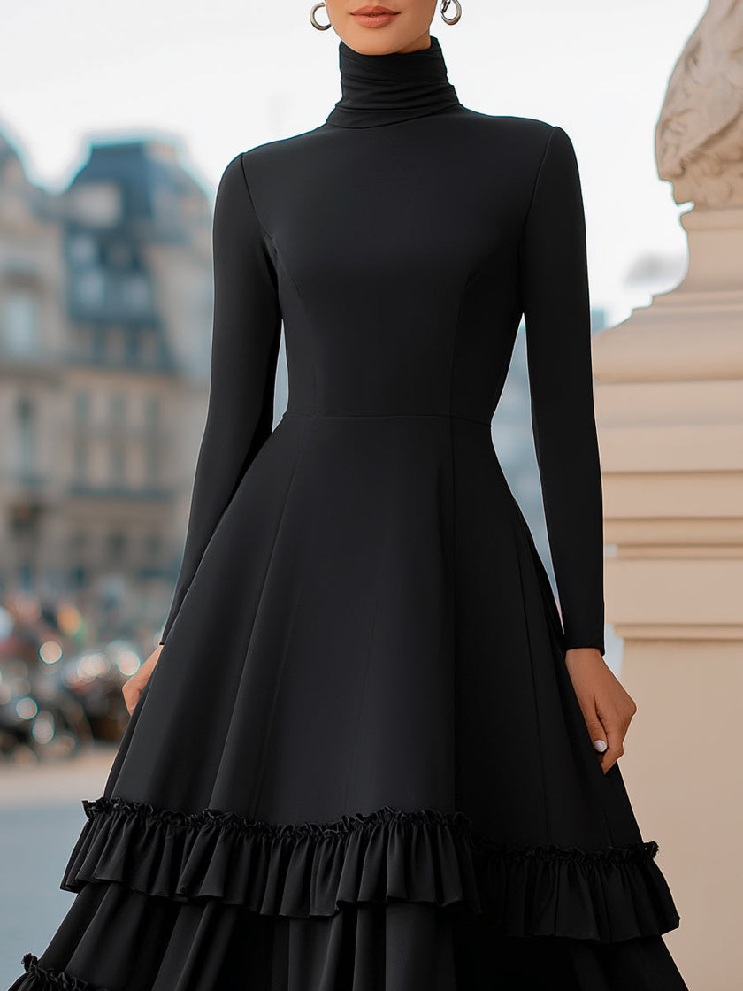 FJØRNA high-neck A-line tiered ruffle midi dress with layered fabric and elegant design, perfect for stylish occasions.