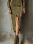 Olive green FJØRNA zip-up midi dress with contrast stripe panels, featuring a fitted silhouette and stylish design.