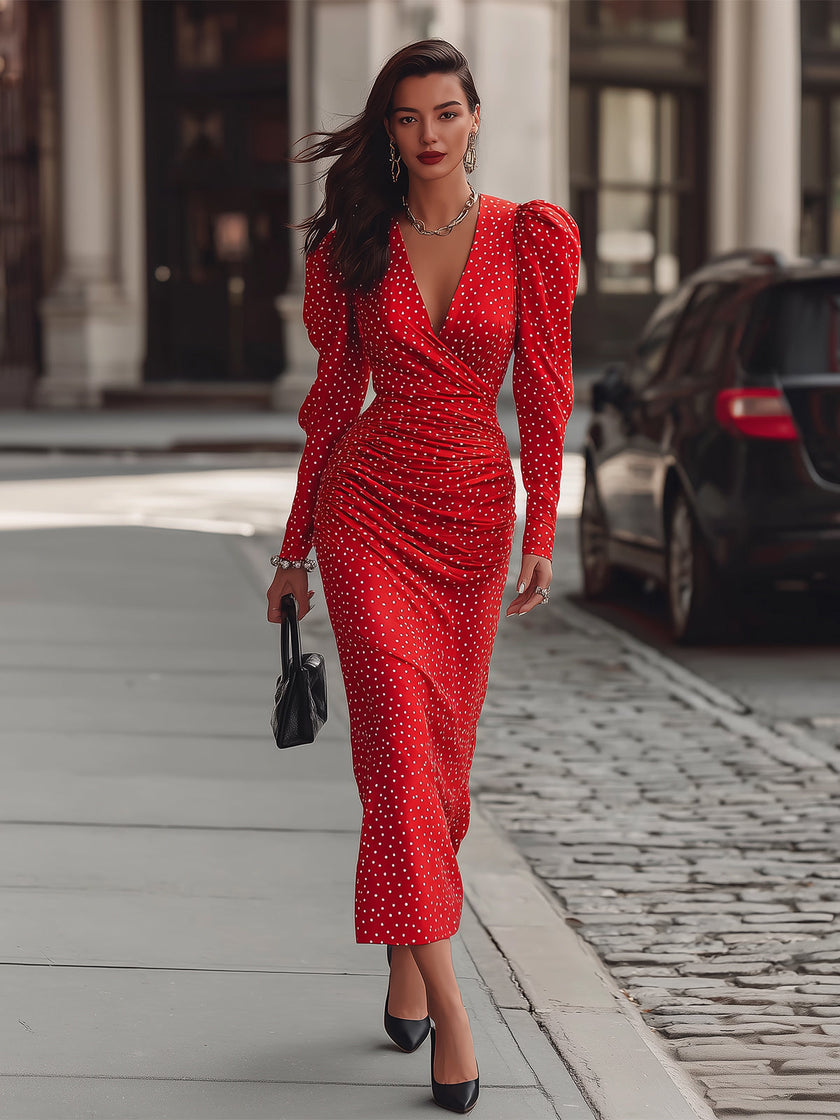 FJØRNA elegant red satin midi dress with polka dot pattern, featuring a fitted waist and flowing hem for a stylish look.