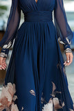 FJØRNA floral print patchwork mesh long-sleeved V-neck fitted waist maxi dress displayed on a model.