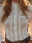 White lace Western button-down shirt for women by FJØRNA, featuring intricate lace details and classic Western styling.