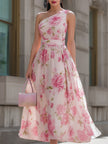 Pink floral one-shoulder chiffon midi dress by FJØRNA with ruffled details and elegant flowy fabric, perfect for summer occasions.