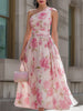 Pink floral one-shoulder chiffon midi dress by FJØRNA with ruffled details and elegant flowy fabric, perfect for summer occasions.
