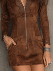 Vintage Caramel Brown Lace Trim And Zip Front Suede Women's Mini Dress