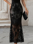 FJØRNA off-shoulder floral lace mermaid evening gown with ruched bodice and sleeves, elegant maxi dress for formal occasions.