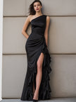 FJØRNA one-shoulder satin gown with cascading layered ruffles, elegant maxi dress featuring a flowing silhouette and sophisticated design.