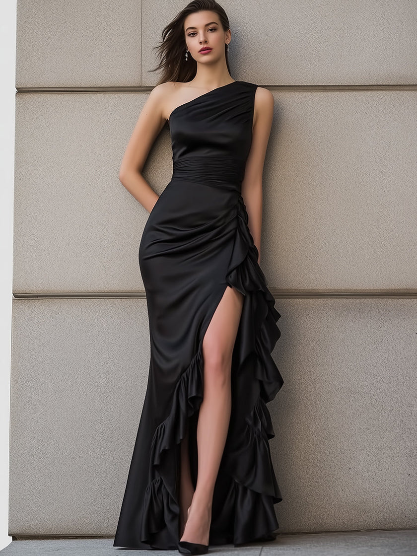 FJØRNA one-shoulder satin gown with cascading layered ruffles, elegant maxi dress featuring a flowing silhouette and sophisticated design.