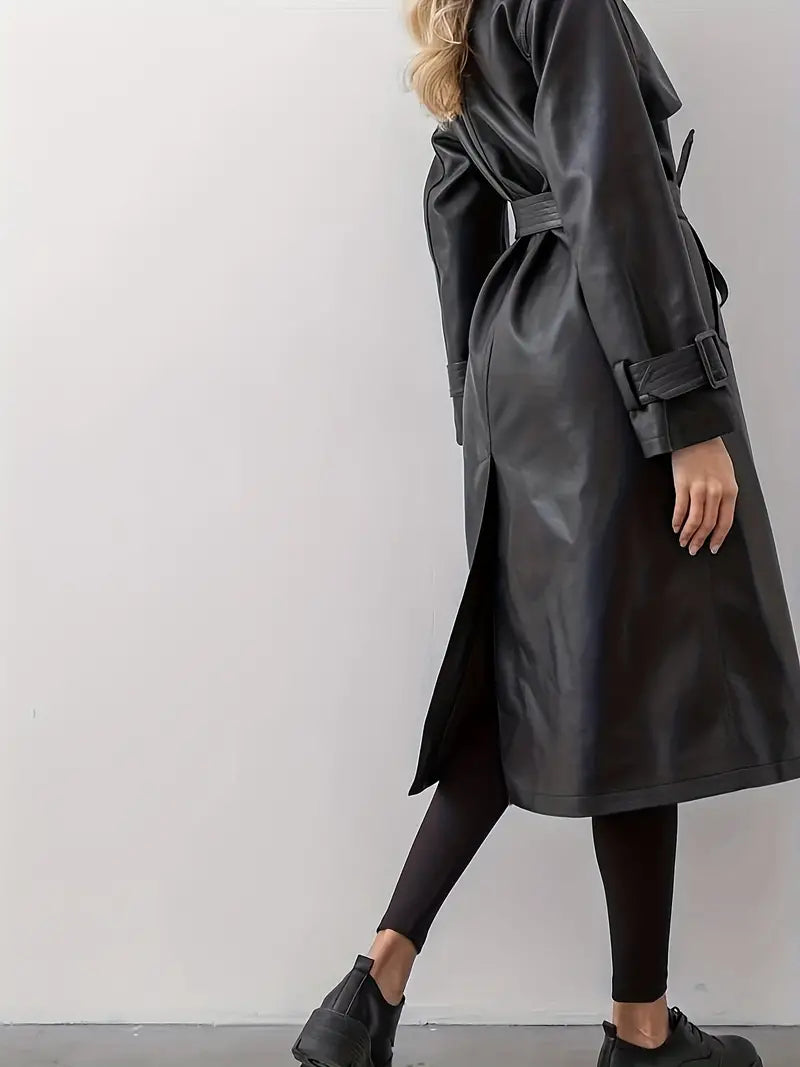 Elegant Black Leather Trench Coat - 5
