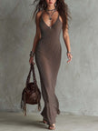 FJØRNA knit V-neck maxi dress for women, featuring a flowing silhouette and soft fabric, perfect for casual or elegant wear.