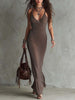 FJØRNA knit V-neck maxi dress for women, featuring a flowing silhouette and soft fabric, perfect for casual or elegant wear.