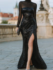 FJØRNA mesh turtleneck sequin slit evening gown with long sleeves, elegant maxi dress for formal occasions.