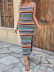 FJØRNA sleeveless white jacquard ribbed knit dress with contrast color details and side split, square neckline, casual elegant style.