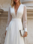 FJØRNA v-neck midi dress for women with sheer sleeves and pleated bodice, stylish and elegant for formal occasions