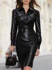 FJØRNA Urban Sophistication faux leather shirt-style midi dress featuring a sleek leather finish and button-down design.