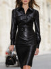 FJØRNA Urban Sophistication faux leather shirt-style midi dress featuring a sleek leather finish and button-down design.