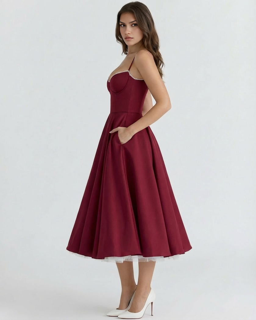 FJØRNA women's corset midi dress with a tulle skirt, featuring a fitted bodice and flowing layered tulle for elegant style.