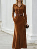FJØRNA chestnut velvet maxi dress with shirt-collar, long sleeves, and flowing silhouette, elegant and cozy for fall.