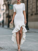 FJØRNA asymmetric ruffled hem fitted midi dress displayed on a mannequin with a sleek silhouette and elegant draping.