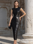 FJØRNA Sculpted sleeveless evening dress with contrast panels, elegant design, perfect for formal occasions.
