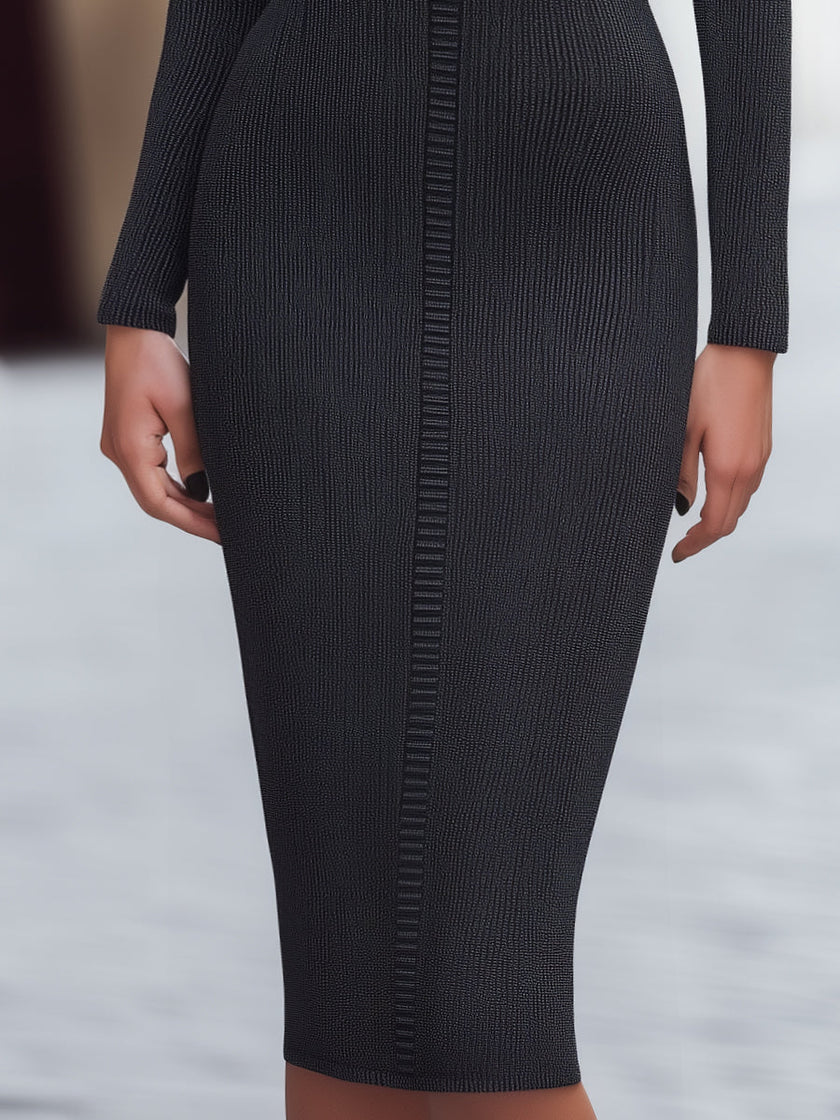 FJØRNA ribbed knit midi dress for women with keyhole detail, showcasing a fitted, stylish design perfect for casual or dressy occasions.