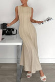 FJØRNA solid color round neck sleeveless pleated maxi dress with casual style, suitable for weddings and casual occasions.