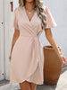 FJØRNA A-line short sleeve pleated mini dress with V-neck, split-joint zipper, solid color, and stylish design.