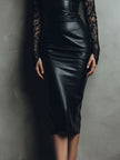 FJØRNA chic black eco leather and lace midi dress showing fitted bodice and flowing skirt with lace detailing.