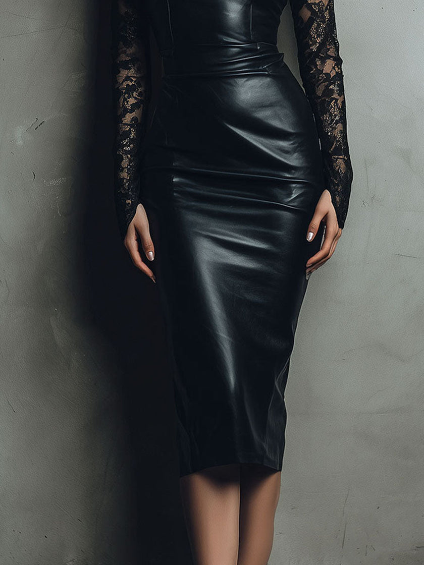 FJØRNA chic black eco leather and lace midi dress showing fitted bodice and flowing skirt with lace detailing.