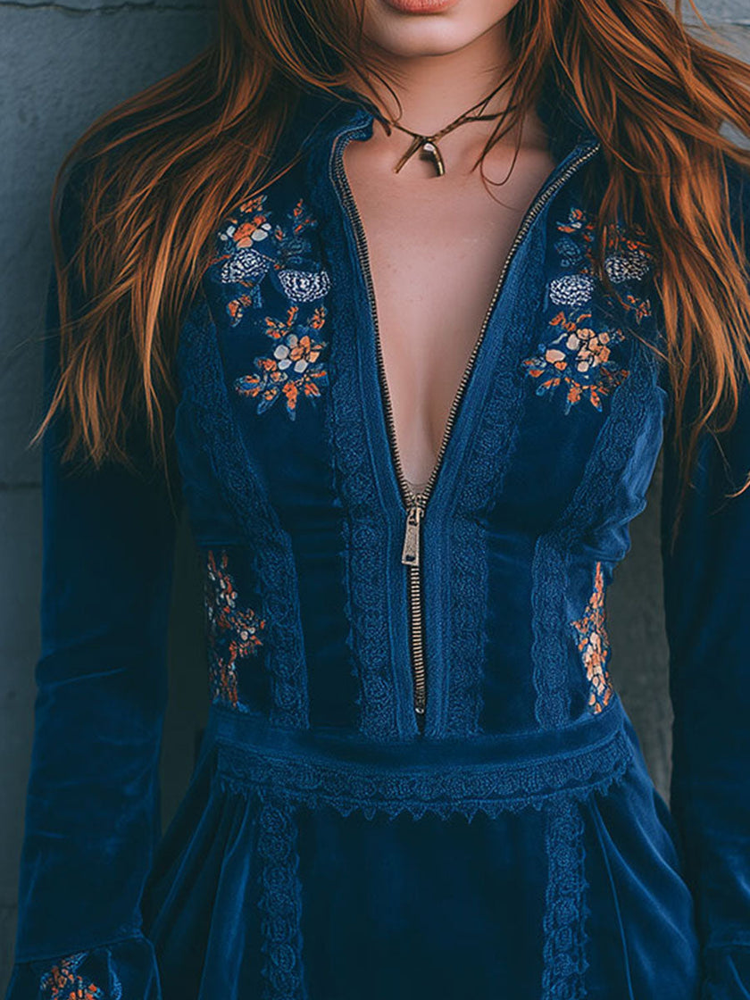Blue Velvet Embroidered Mini Dress | Casual Dress