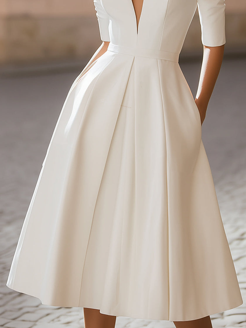 FJØRNA elegant deep V-neck pleated A-line midi dress with flowing fabric and stylish design, perfect for formal occasions