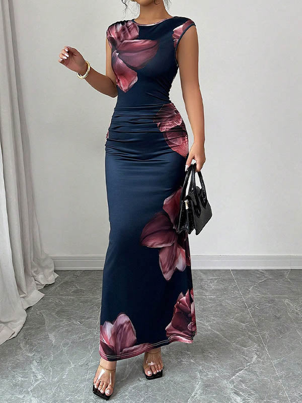 FJØRNA white sleeveless bodycon maxi dress with contrast color flower print and round neck, perfect for elegant summer wear
