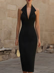 FJØRNA black halter-collar bodycon midi dress for women, sleek fitted dress with a stylish halter neckline.