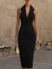 FJØRNA black halter-collar bodycon midi dress for women, sleek fitted dress with a stylish halter neckline.