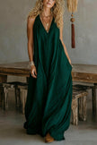 FJØRNA linen blend solid color sleeveless V-neck maxi dress with pockets, casual loose fit, and side slit in natural fabric.