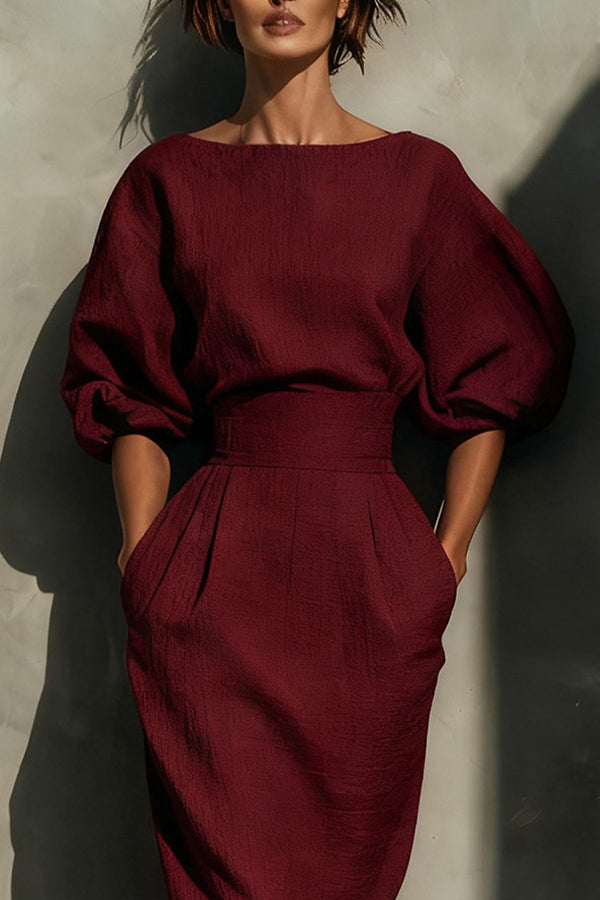 White FJØRNA puff sleeve high-waisted casual midi dress with pockets, elegant and stylish for everyday wear.