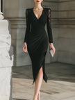 FJØRNA lace-panel draped V-neck midi dress with elegant lace details and flowing silhouette, perfect for stylish occasions.