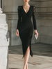 FJØRNA lace-panel draped V-neck midi dress with elegant lace details and flowing silhouette, perfect for stylish occasions.