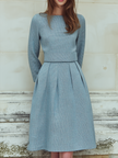 FJØRNA vintage tweed long-sleeved midi dress, elegant tailored dress with classic pattern and fitted silhouette.