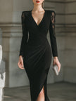 FJØRNA lace-panel draped V-neck midi dress showing lace details and flowing fabric on a stylish women's dress.